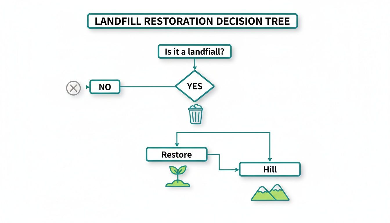 A flowchart titled 'Landfill Restoration Decision Tree' showing options for landfills, leading to restoration or hills.
