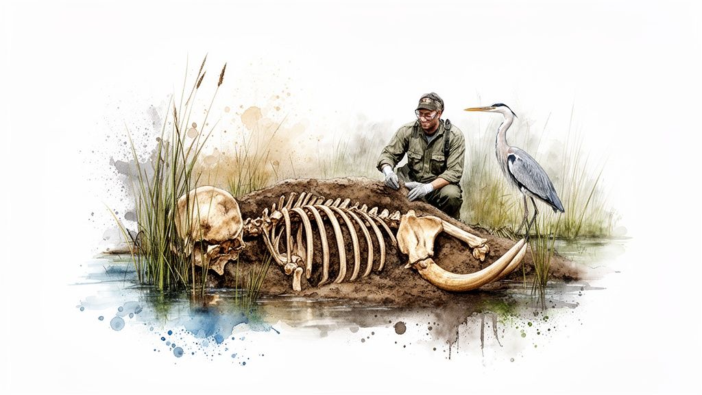 Watercolor illustration of a paleontologist examining a partially excavated ancient mammoth skeleton in a marsh, observed by a heron.