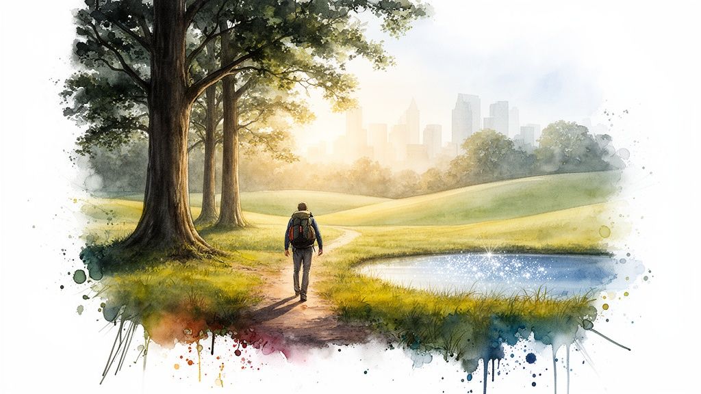 A vibrant watercolor painting of a person walking on a path in a park towards a city skyline.