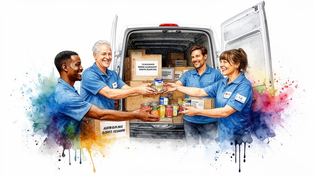 Four diverse volunteers happily unload boxes and cans from a white delivery van, surrounded by watercolor splashes.