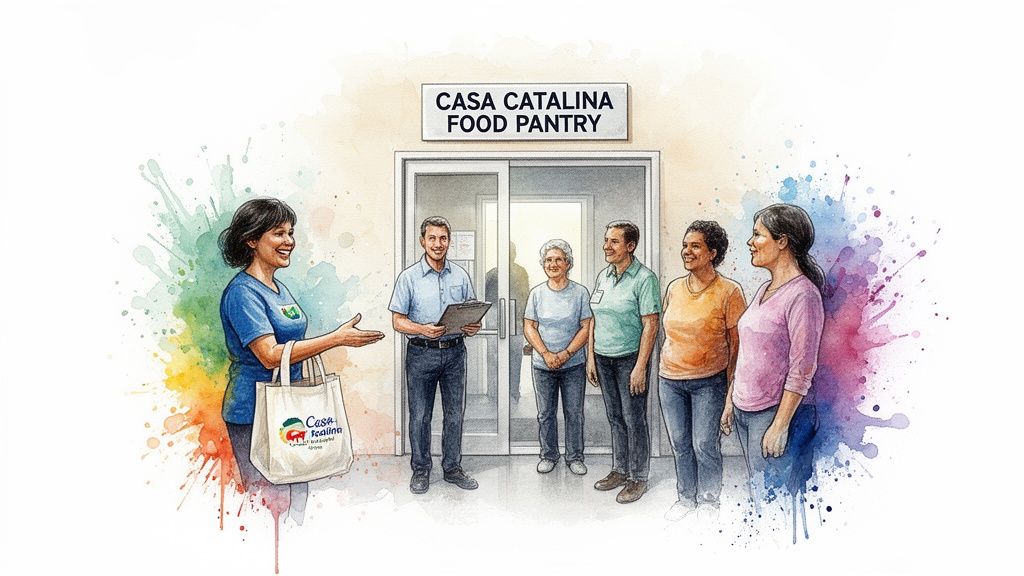Watercolor illustration of smiling people outside Casa Catalina Food Pantry, a woman holding a branded bag.