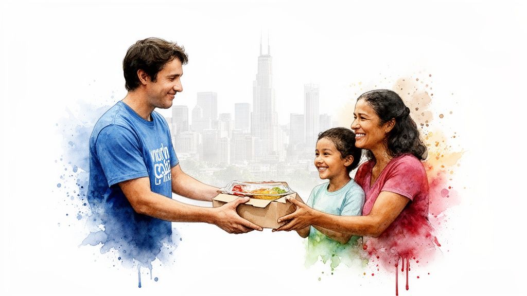 A smiling volunteer gives a food box with fresh food to a happy mother and child with a city skyline.