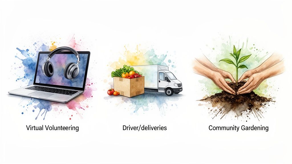 Three illustrations showing virtual volunteering, food delivery, and community gardening activities.