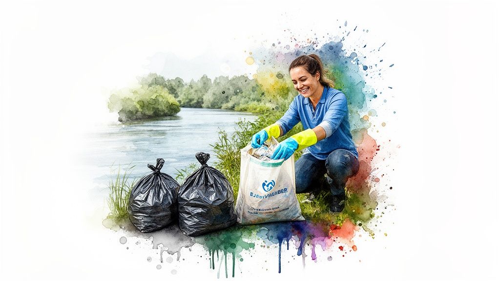 Happy woman in gloves collects trash into a white bag by a river, two black bags beside her.