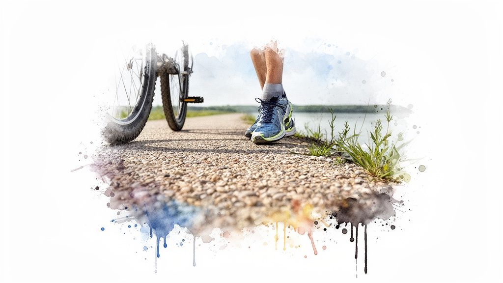Close-up of a person's feet in blue running shoes next to a bicycle on a gravel path near a river.