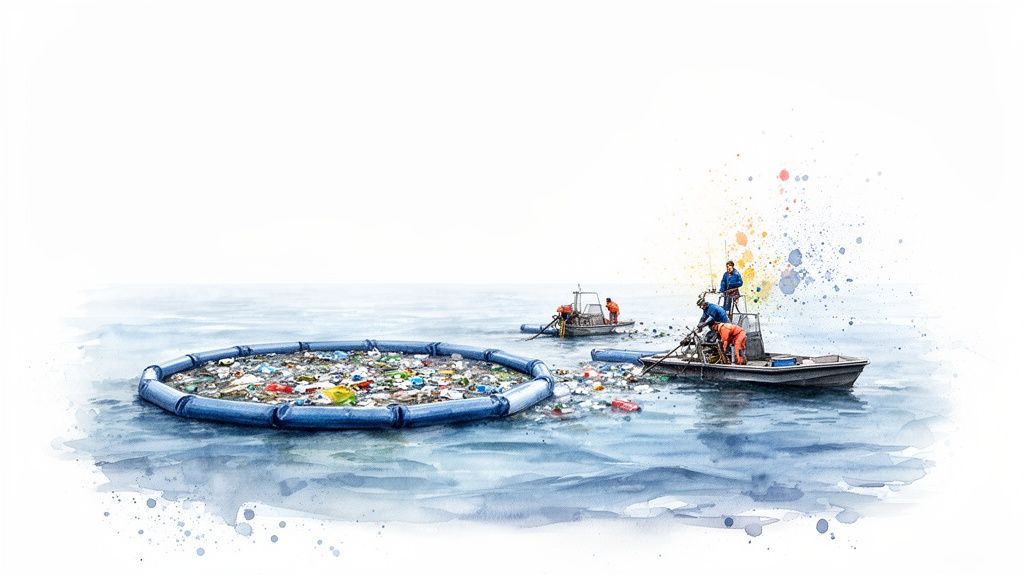 Watercolor painting of boats and people cleaning up a floating 'garbage island' of plastic waste in the ocean.
