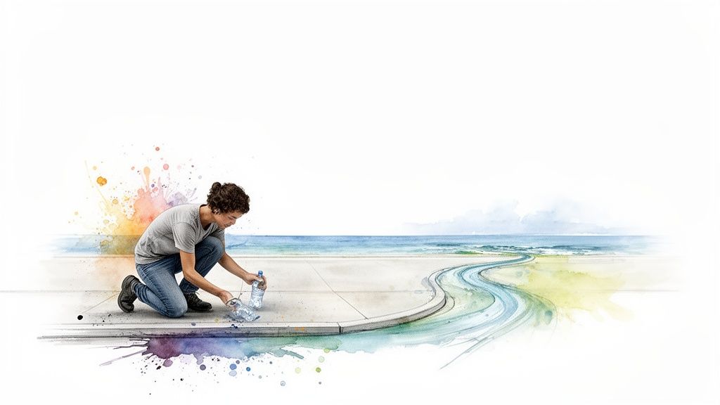 A person kneels, picking up plastic bottles from a stylized path near a watercolor ocean.