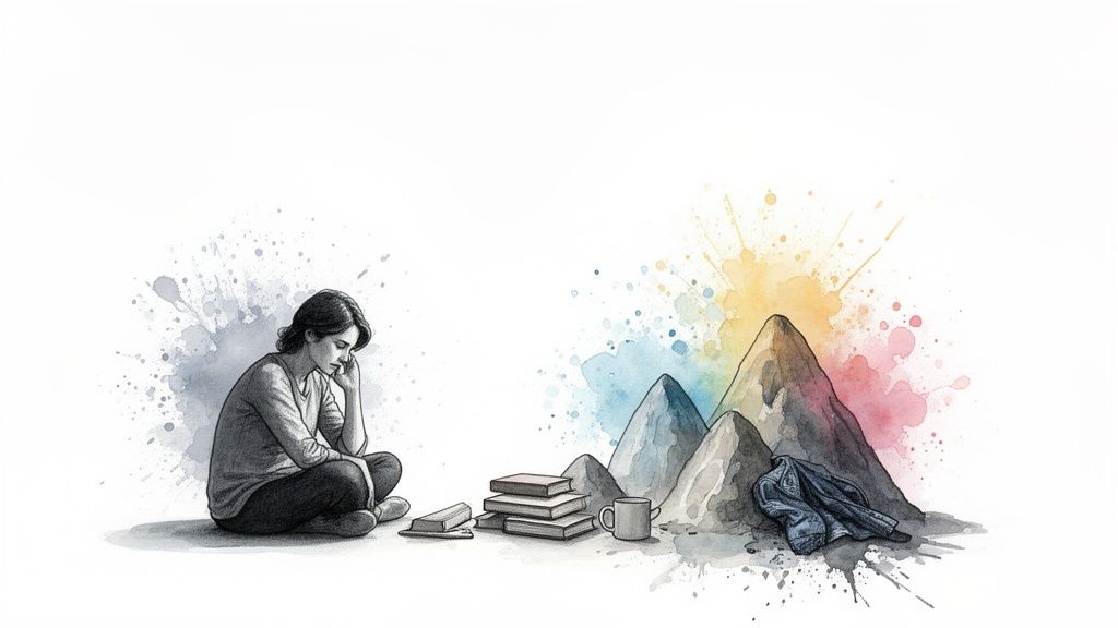 A grayscale drawing of a woman contemplating next to books and colorful watercolor mountains, symbolizing a growth journey.