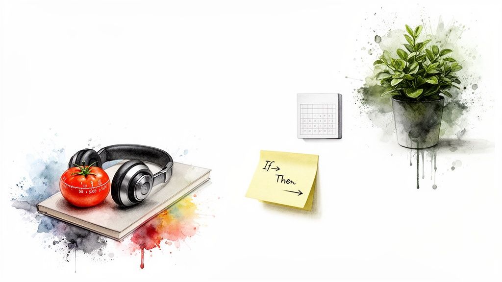 Watercolor illustration of productivity tools: Pomodoro timer, headphones, calendar, sticky note, and a plant.