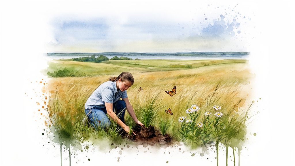 A person plants seedlings in a vibrant field with butterflies and wildflowers, overlooking a distant lake.