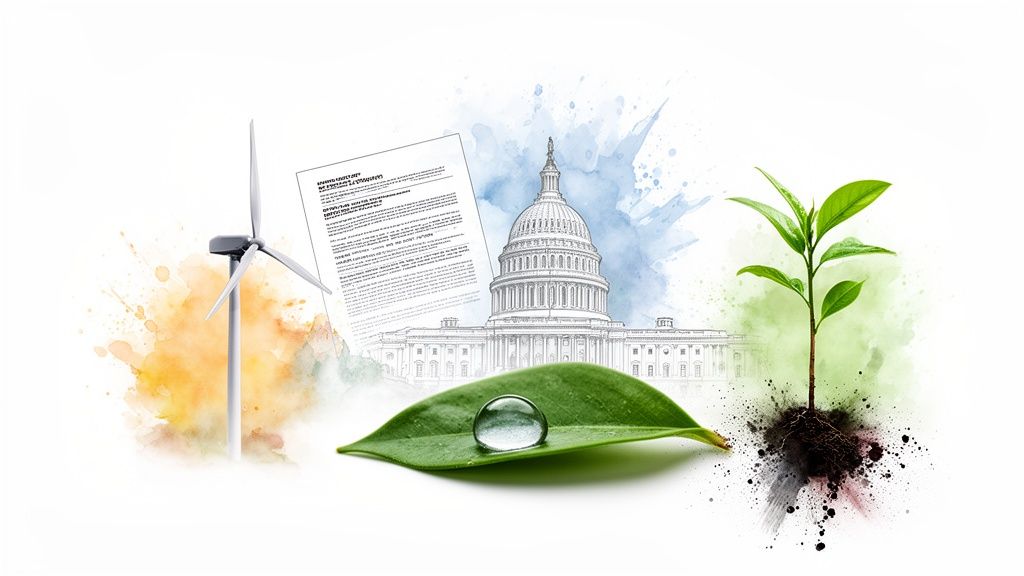 Illustration of a wind turbine, U.S. Capitol, policy document, leaf with water drop, and growing plant.
