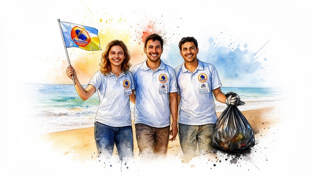 Three smiling volunteers on a beach with a flag and trash bag, participating in a cleanup.