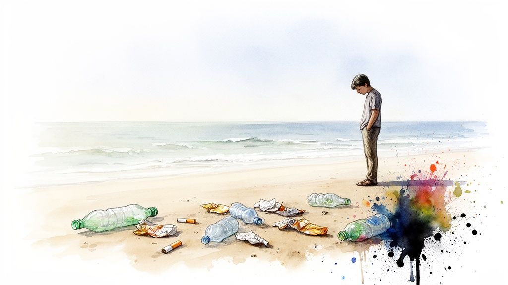 A boy stands on a polluted beach, looking sadly at plastic bottles and trash near the ocean.