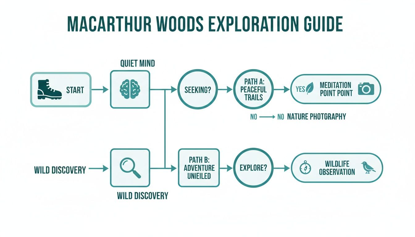 A flowchart presenting the MacArthur Woods Exploration Guide, outlining paths for quiet mind and wild discovery.