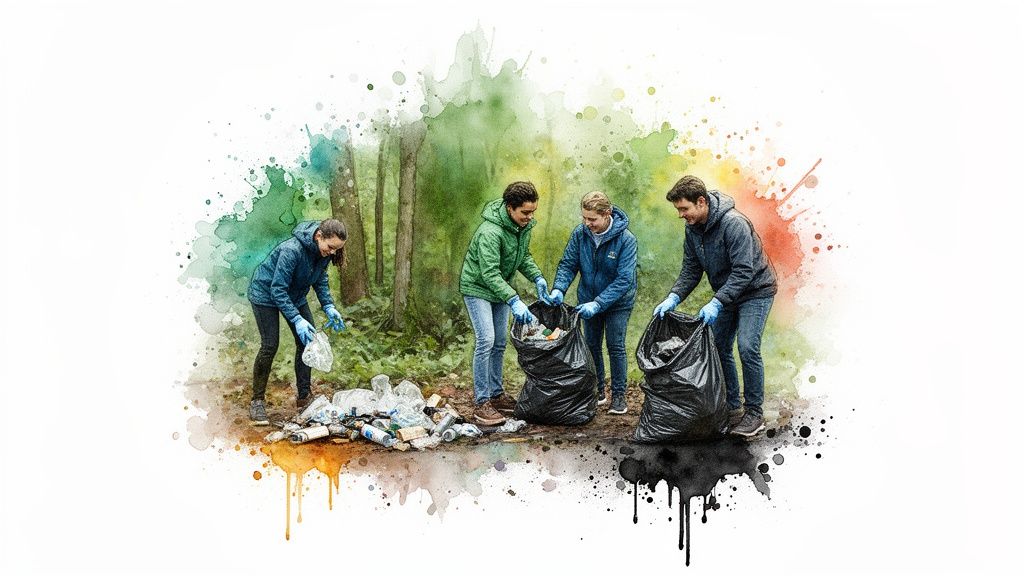 Four smiling volunteers are cleaning up plastic bottles and waste in a forest.