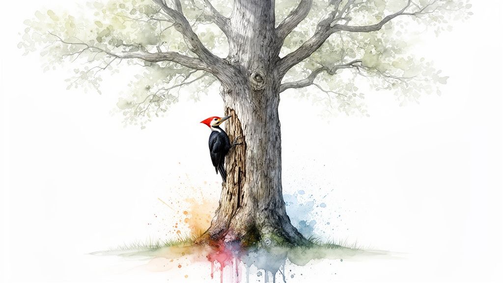 Watercolor illustration of a vibrant tree with a red-headed woodpecker and colorful splashes at the base.