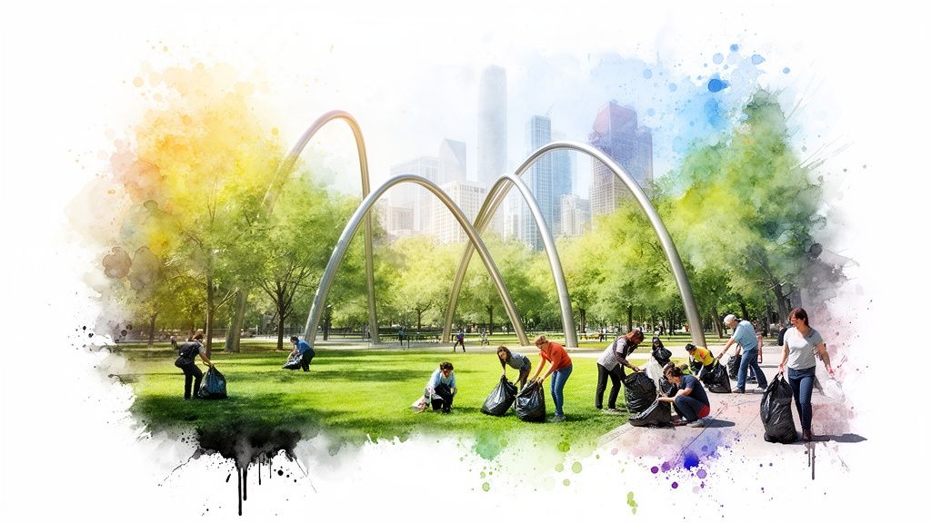 Volunteers cleaning a vibrant urban park with green grass, trees, and city skyline.