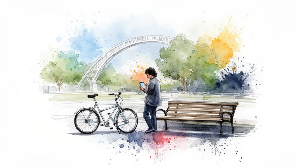 Watercolor painting of a person using a tablet in Mary Bartelme Park with a bike and bench.