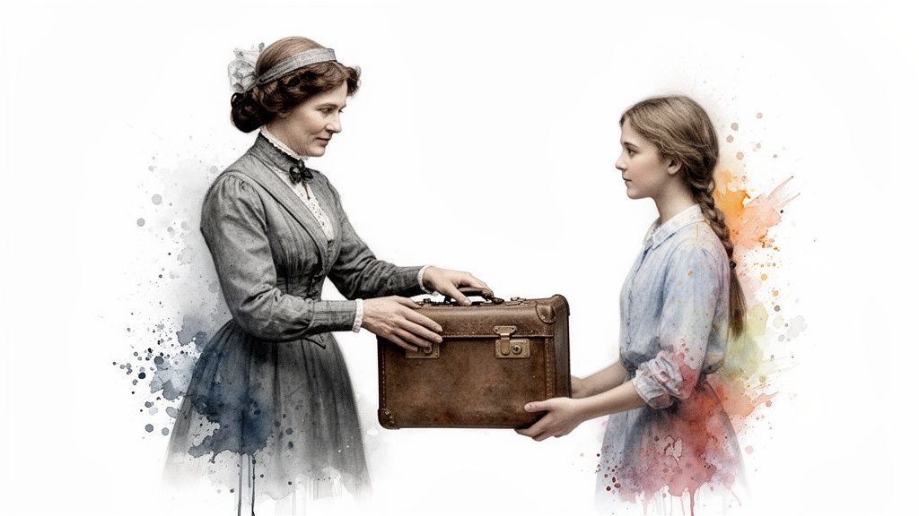 Two women, one older and one younger, exchange a vintage brown suitcase with watercolor accents.