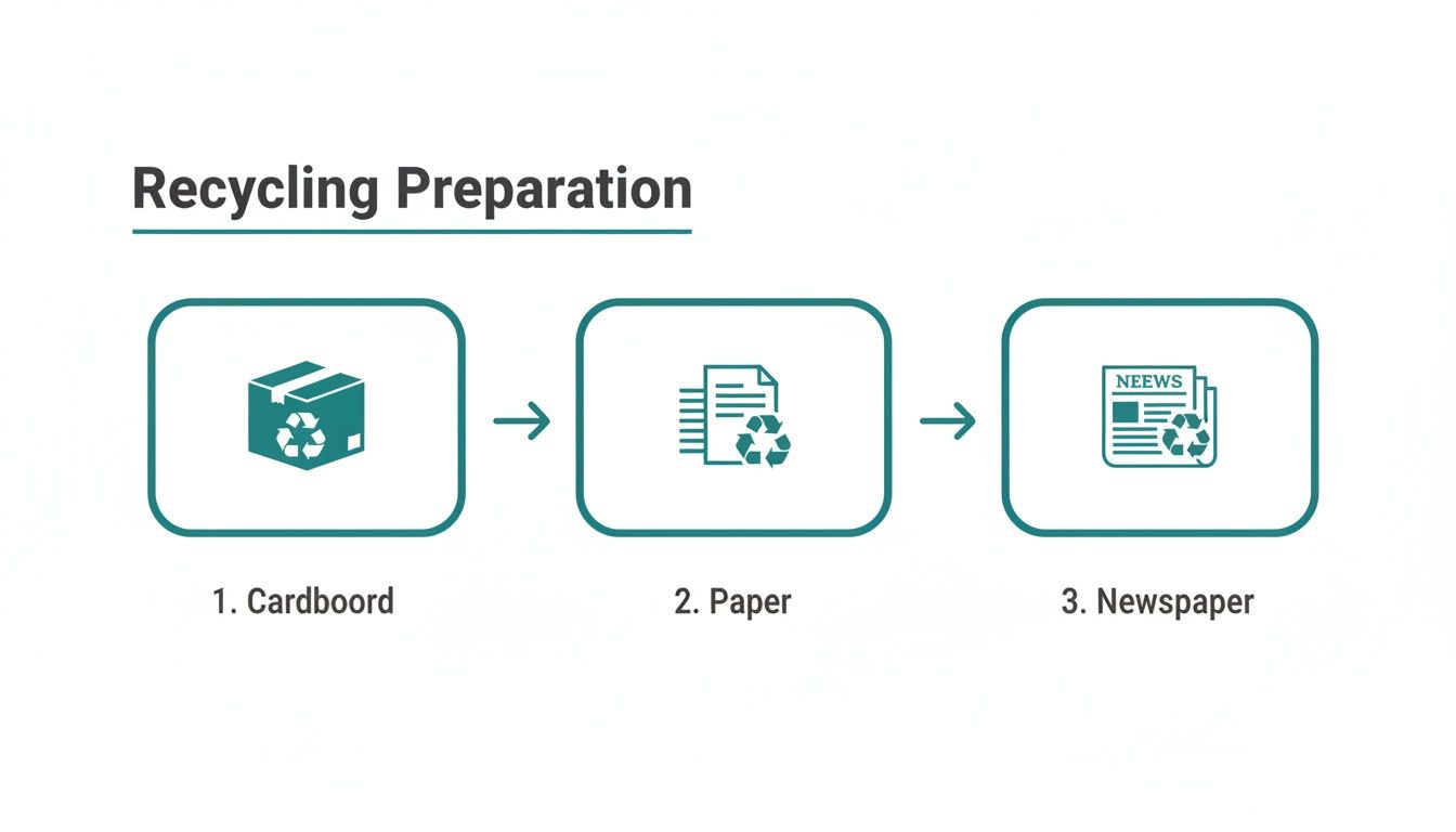 A three-step flowchart illustrates recycling preparation for cardboard, paper, and newspaper materials.