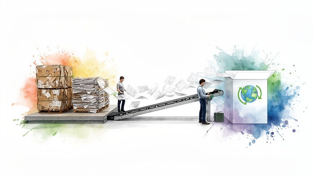Men sort and recycle paper and cardboard bales on a conveyor into a large recycling bin.