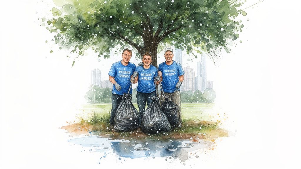Three smiling men in blue shirts hold trash bags under a tree, cleaning a park with a city skyline.