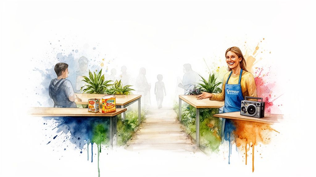 A vibrant watercolor illustration of a community event with a smiling woman, a boy, and plant stalls.