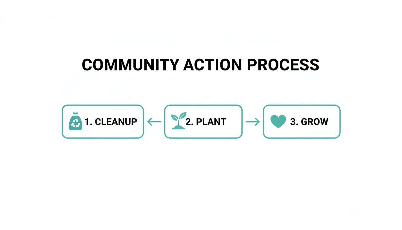 A diagram showing a community action process: 1. Cleanup, 2. Plant, and 3. Grow, linked by arrows.