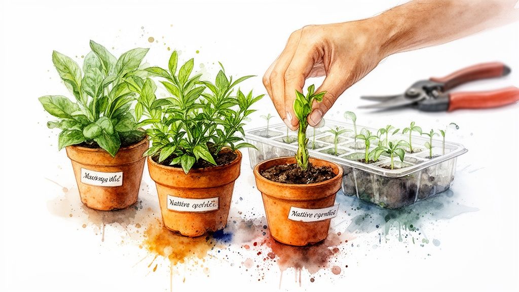 Watercolor illustration of a hand potting a native plant among other seedlings and potted greens.