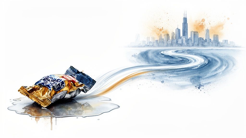 Watercolor illustration of a candy wrapper spilling liquid, with a path leading to a city skyline.