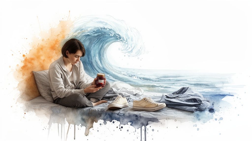Young person on a bed with a jar of jam, sneakers, jeans, and a watercolor wave.