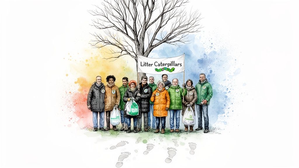 A diverse group of people, the 'Litter Caterpillars,' stand under a tree with bags for environmental cleanup.