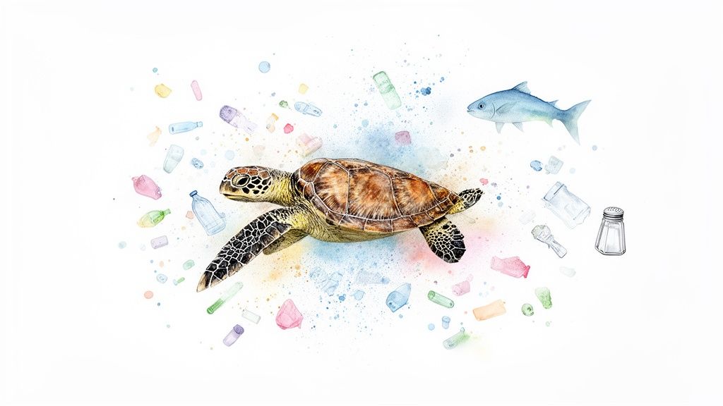 A vibrant watercolor painting shows a sea turtle and a fish surrounded by colorful plastic debris, highlighting marine pollution.