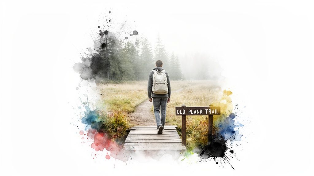 A person with a backpack walks on a wooden bridge towards a foggy forest on the Old Plank Trail, surrounded by watercolor splashes.