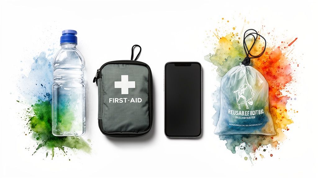 Emergency preparedness kit items: water bottle, first-aid kit, smartphone, and reusable bag.