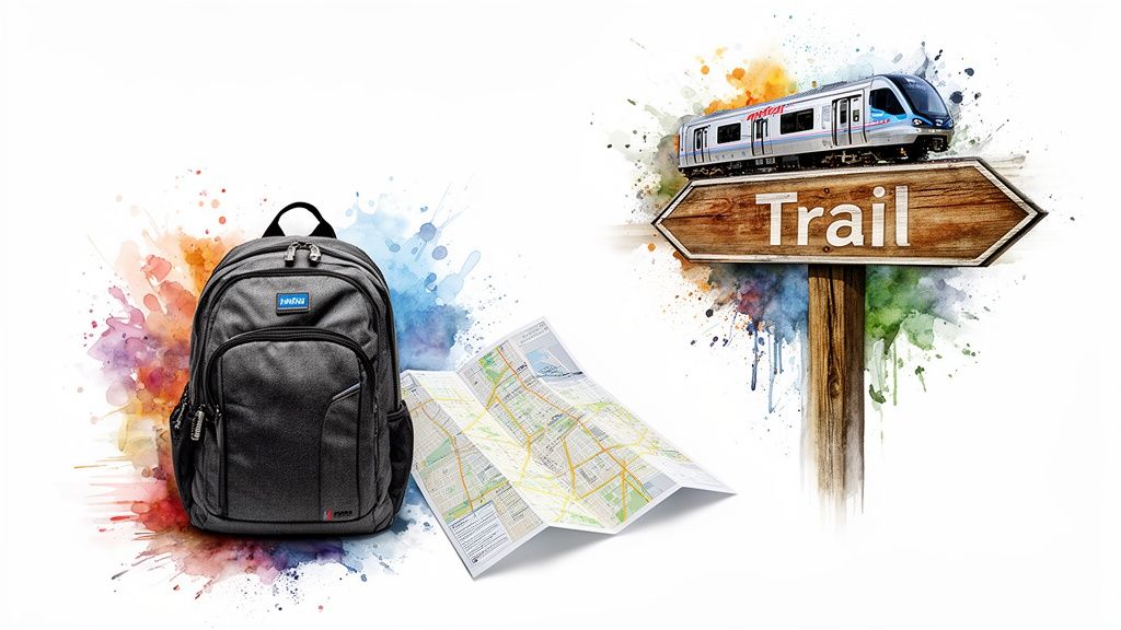 A grey backpack, a folded map, a modern train, and a 'Trail' signpost, all against colorful watercolor splashes.