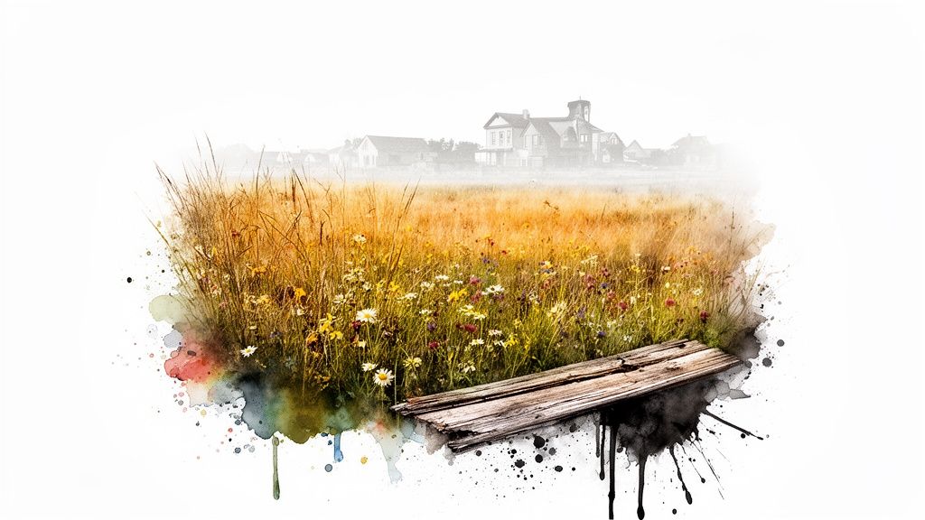 Artistic watercolor landscape featuring a vibrant field of wildflowers, a wooden plank, and distant homes.