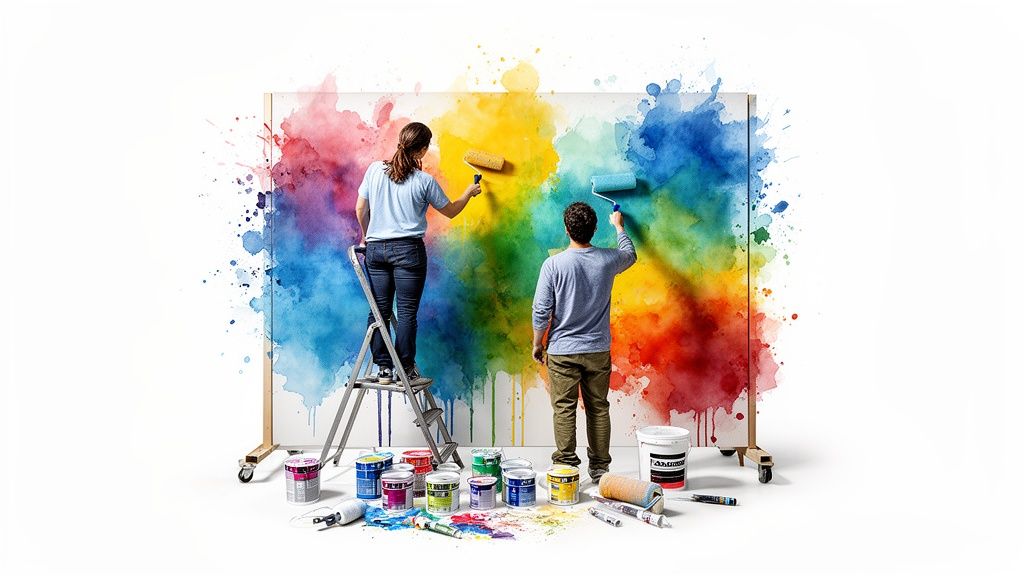 Two people painting a large board with colorful watercolor splashes, using paint rollers and surrounded by paint cans.