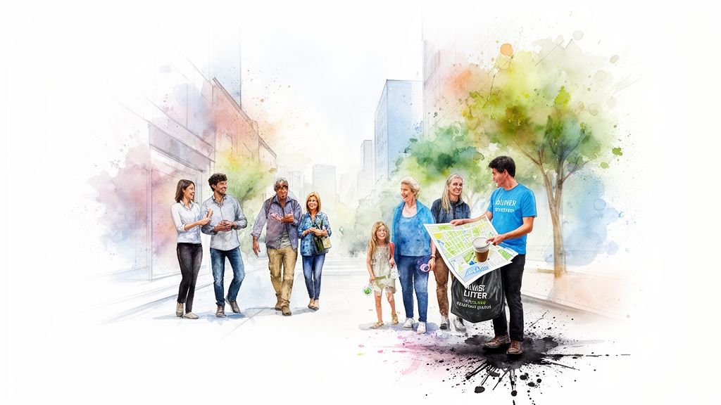 A diverse group of people, including volunteers, engaging in outdoor community activities with a map and litter bag.