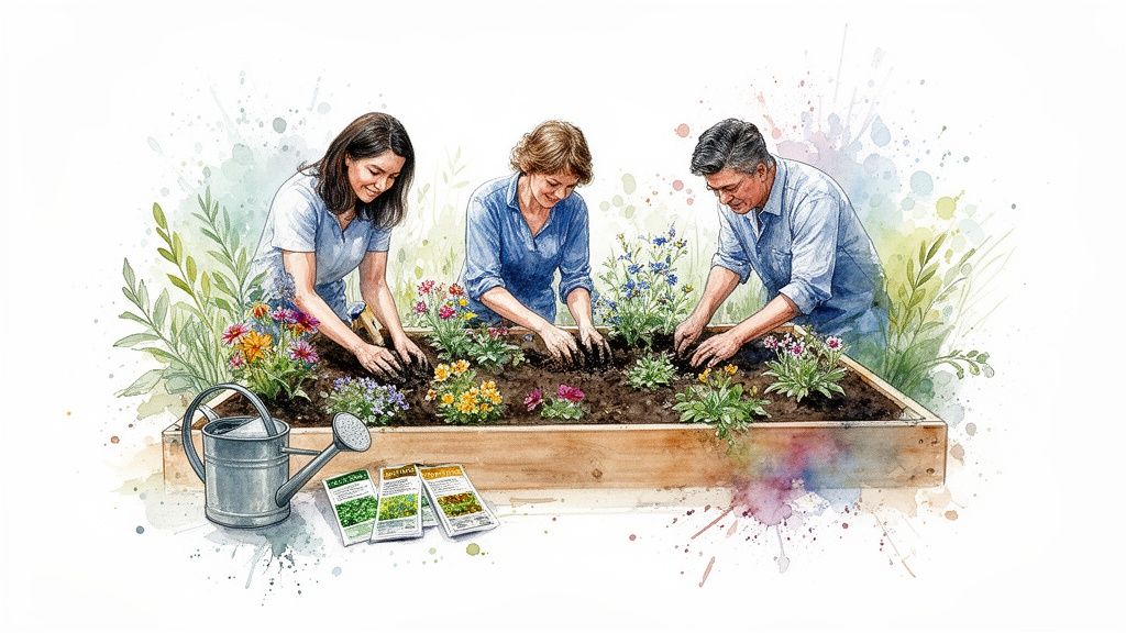 Three adults happily planting colorful flowers in a raised garden bed, surrounded by lush plants and gardening tools.