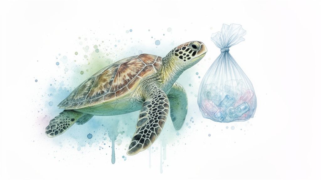 Watercolor art of a sea turtle approaching a clear plastic bag filled with trash.