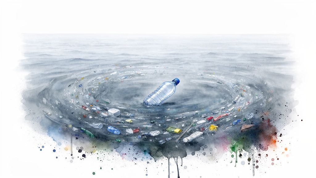 Watercolor artwork illustrating a vast ocean filled with plastic pollution, forming a swirling garbage patch.