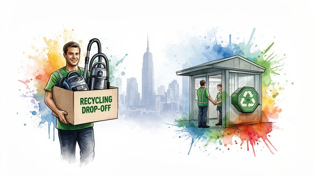 Watercolor illustration shows a man with vacuum cleaners in a recycling drop-off box near a city skyline.