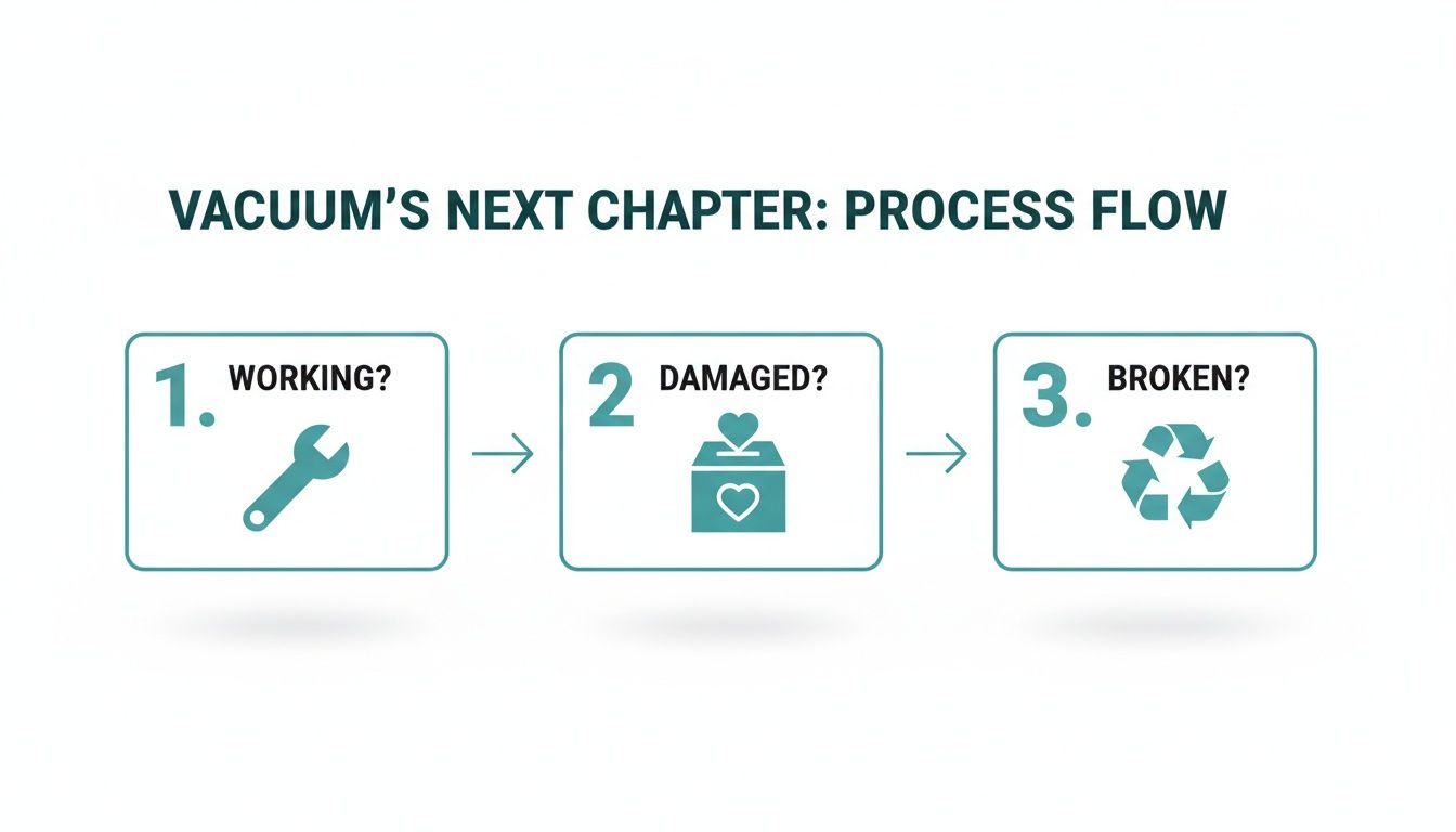 A process flow diagram showing steps for vacuum cleaners: working for repair, damaged for donation, or broken for recycling.