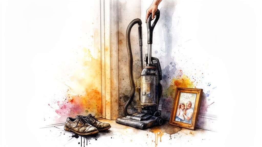 Watercolor illustration of a hand holding a vacuum cleaner, a pair of shoes, and a family photo.