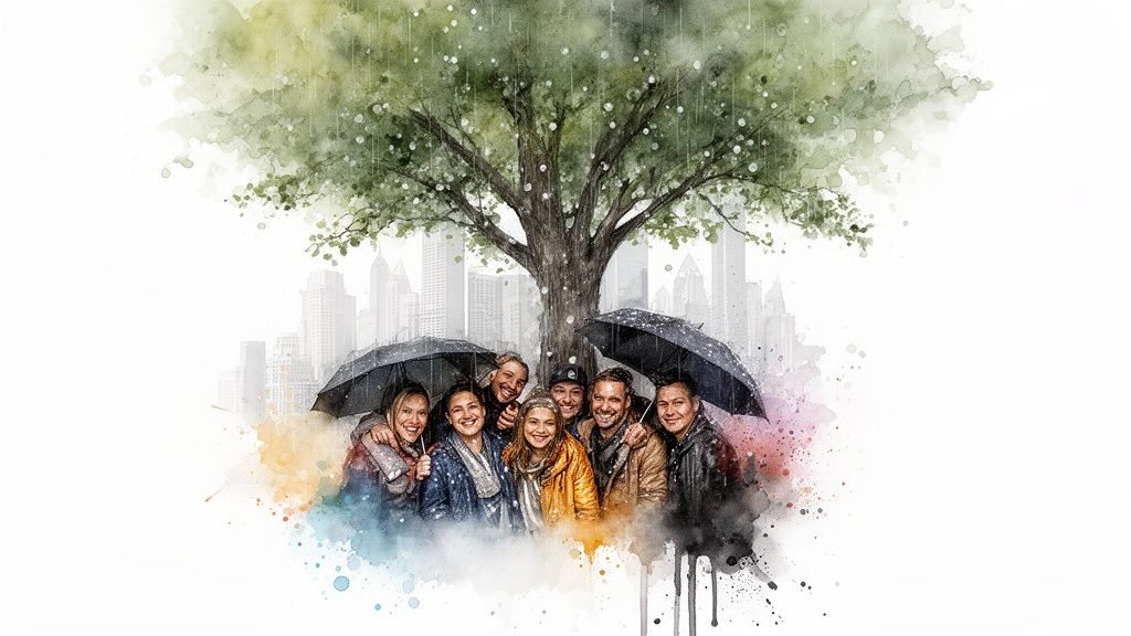 Happy people under umbrellas in a rainy watercolor cityscape with a large tree.