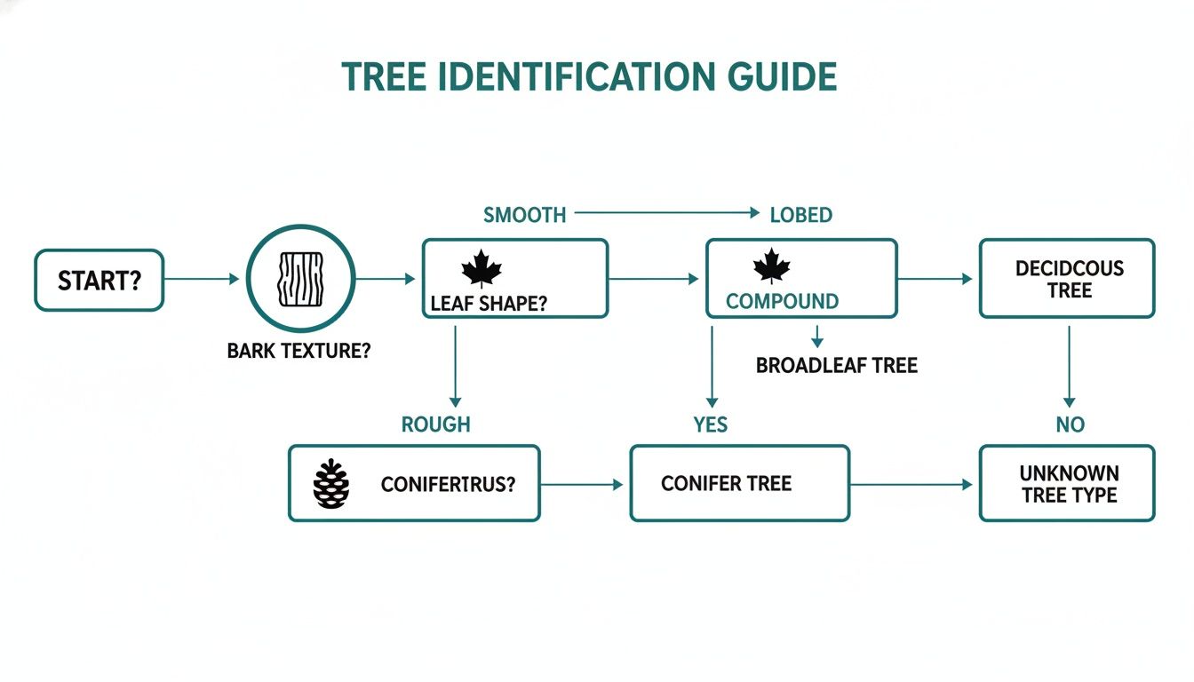 A tree identification guide flowchart illustrating steps to determine tree type based on bark texture and leaf characteristics.