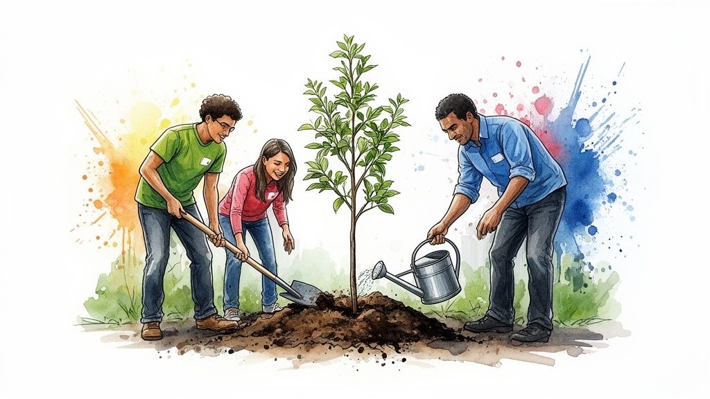 A diverse group of people planting a young tree, one person watering it.