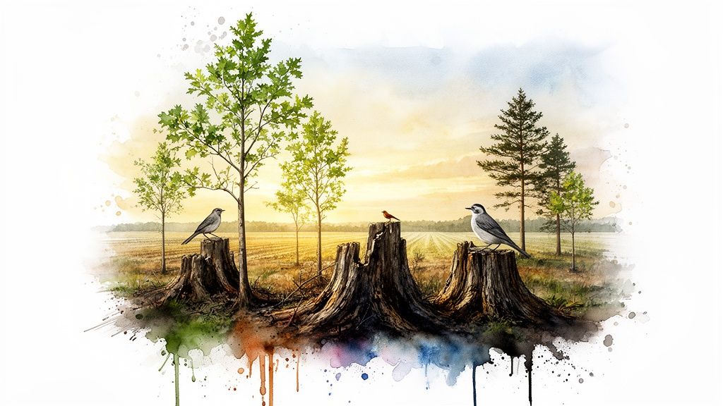 Watercolor illustration of young trees, old stumps, and birds in a field at sunset.