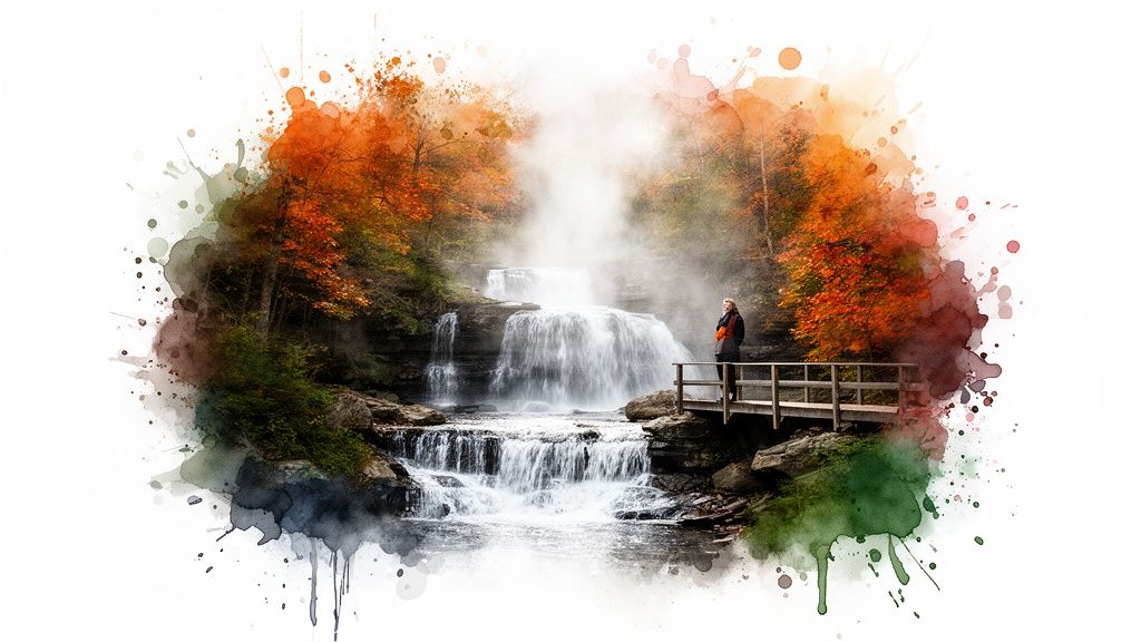 A person on a bridge admires a beautiful multi-tiered waterfall amidst colorful autumn trees.